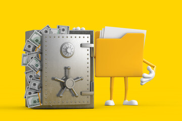 Yellow File Folder Icon Cartoon Person Character Mascot with Vault or Safe Box Full of Dollar Bills. 3d Rendering