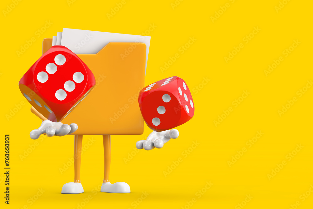 Poster yellow file folder icon cartoon person character mascot with red game dice cubes in flight. 3d rende