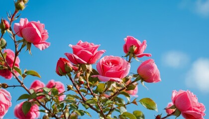 Beautiful spring border, blooming rose bush on a blue background. Flowering rose hips against the blue sky Soft