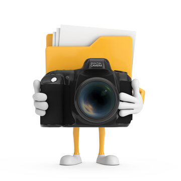 Yellow File Folder Icon Cartoon Person Character Mascot with Modern Digital Photo Camera. 3d Rendering