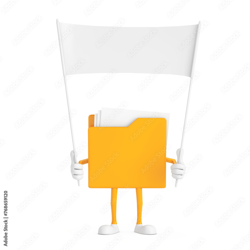 Aufkleber Yellow File Folder Icon Cartoon Person Character Mascot  and Empty White Blank Banner with Free Space for Your Design. 3d Rendering