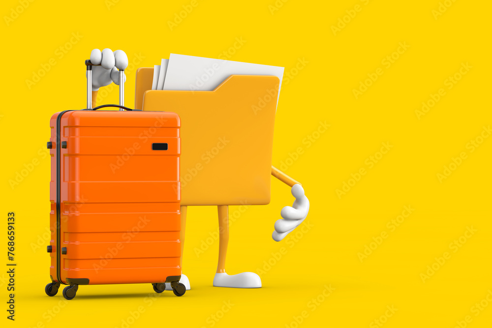 Aufkleber yellow file folder icon cartoon person character mascot with orange travel suitcase. 3d rendering