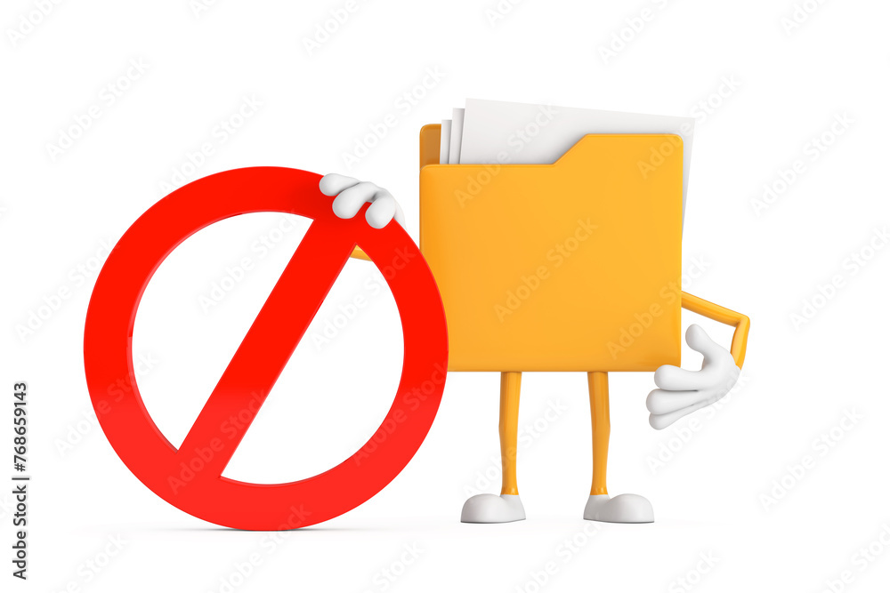 Poster yellow file folder icon cartoon person character mascot with red prohibition or forbidden sign. 3d r