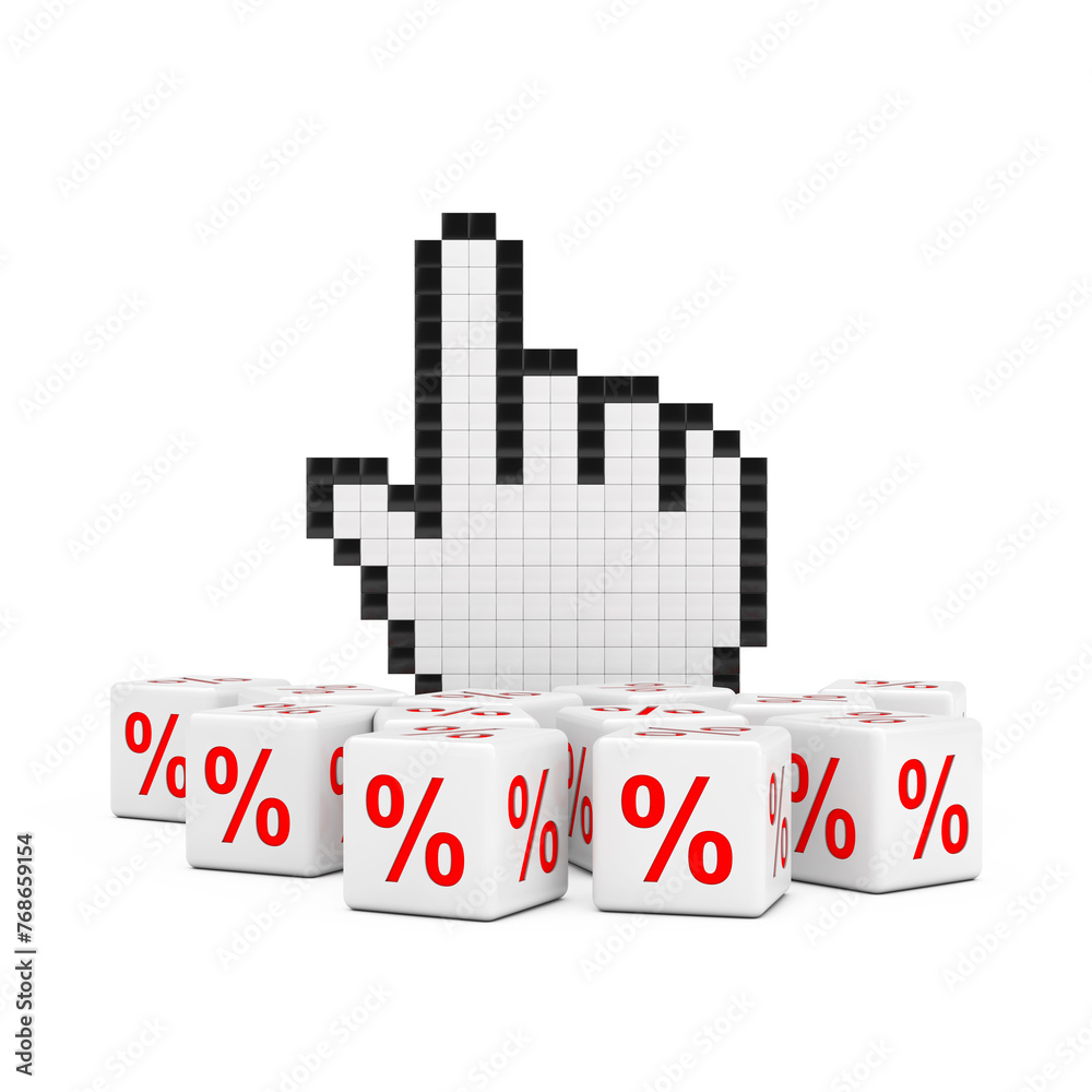 Fototapete pixel hand pointer cursor with heap of discount sale percent cubes. 3d rendering