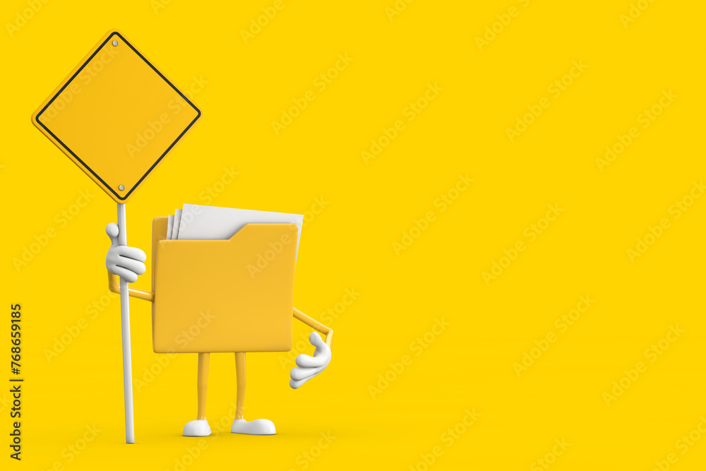 Poster yellow file folder icon cartoon person character mascot and yellow road sign with free space for you