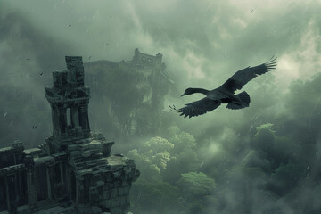 A black swan taking flight over a mystical valley shrouded in mist, with ancient ruins standing silent below, evoking a sense of mystery and historic allure. - obrazy, fototapety, plakaty