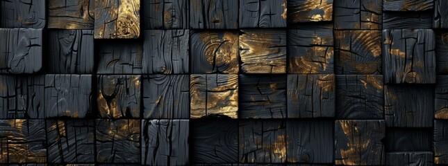 Abstract black and gold background with wooden blocks,