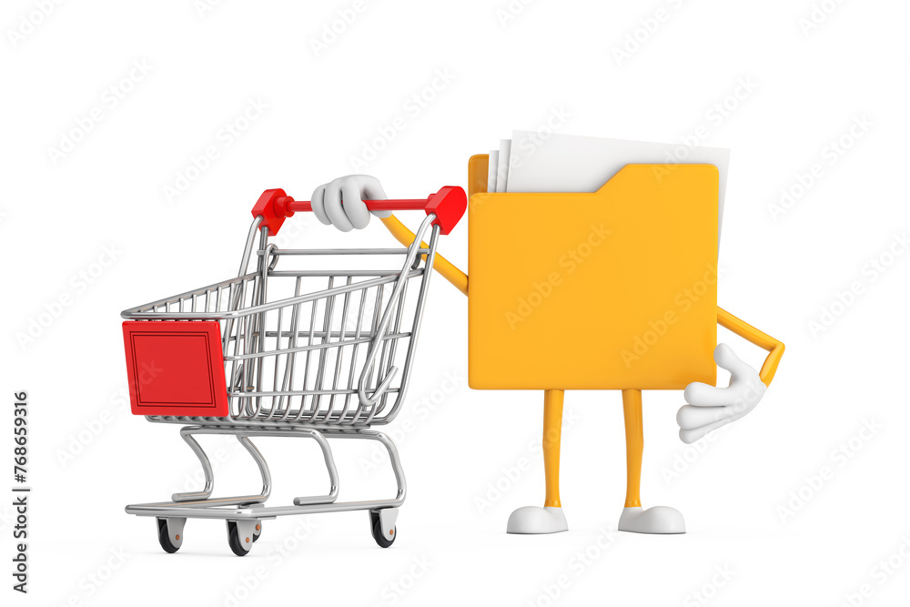Aufkleber yellow folder icon cartoon person character mascot with shopping cart trolley. 3d rendering