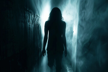 Fototapeta premium A ghostly silhouette emerges from the darkness, illuminated by an eerie, paranormal light, evoking an atmosphere of mystery and fear.