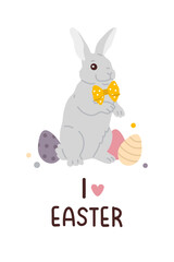 Composition of vector cartoon Easter bunny with eggs