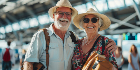 Cheerful senior couple ready to go travelling together. Retired man and woman waiting to board a plane at an airport. Summer vacation and holidays older people.