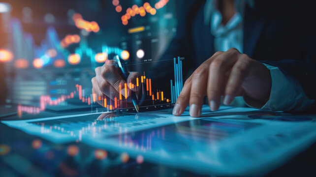Business audit stock financial finance management on analysis data strategy with graph accounting marketing or report chart economy investment research profit concept. Generative AI