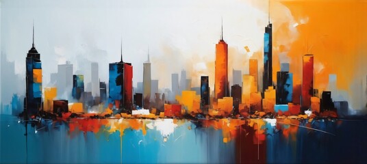 Abstract art painting of a city skyline, a mix of cooler and warmer tone colors, with reflections of tall buildings in water