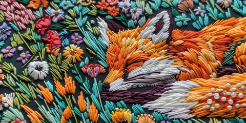 Deurstickers Detailed embroidery of baby fox with flower motifs, using colorful threads, beads and French knots. © MNStudio