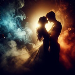 Romantic artistic photograph of two embracing male and female silhouettes, bathed in warm light and set against a dreamy bokeh background, symbolizing love, tenderness, and togetherness. Perfect for a