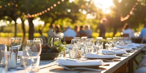 Keuken spatwand met foto Stunning table arrangement for a wedding of festive event against a breathtaking backdrop of vineyards on summer sunset. © MNStudio
