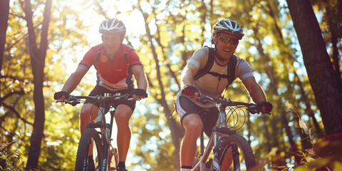 Two men riding bicycles in woodland path on sunny summer day. Athletes on their bikes in summer forest. - 768659918
