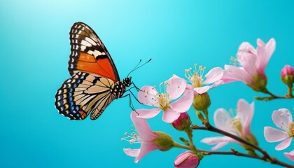 Beautiful spring nature background with butterfly, lovely blossom, petal a on turquoise blue background