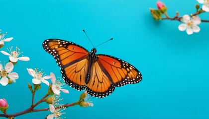 Fototapeta na wymiar Beautiful spring nature background with butterfly, lovely blossom, petal a on turquoise blue background