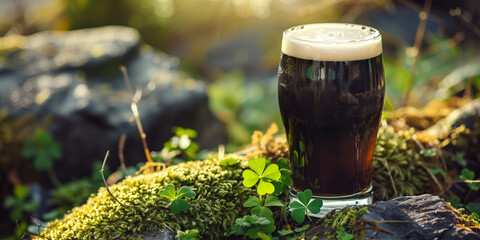 Glass of dark stout beer. Spectacular Irish nature. Green pastures, cliffs and crushing waves on summer sunset.