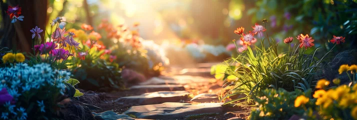 Poster Beautiful blooming flowerbeds along winding stone pathway in sunny summer garden. © MNStudio