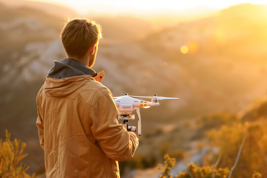 Male tourist operating a drone using remote controller. Man using drone at sunset for photos and video making while admiring beauty of the scenery.