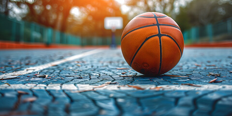 Basketball ball on the floor of a basketball court. Sport background