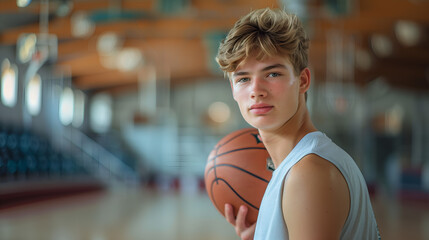 Portrait of a young man with basketball ball in the gym.