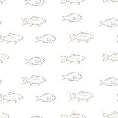 Seamless pattern with fish doodle style. Vector illustration dorado carp, background. - 768660508