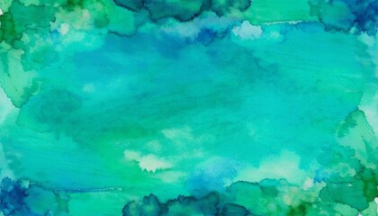 Blue green watercolor background with white cloudy center and abstract watercolor sky border design texture