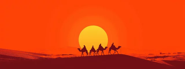 Fotobehang vector illustration of camels and bedouins traveling through the desert against a sunset background © Kien