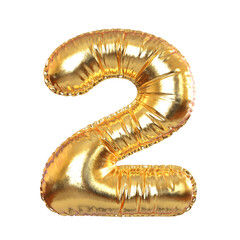 Golden Metal Balloon Number 2 Symbol for Festive, Text, Holidays. 3d Rendering
