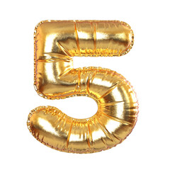 Golden Metal Balloon Number 5 Symbol for Festive, Text, Holidays. 3d Rendering