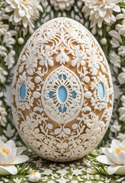 amazing carved Easter egg and delicate flowers, art deco, baroque, rococo, minimalistic photo