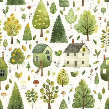A pattern of houses and trees depicted on a white background, showcasing a harmonious arrangement of urban and natural elements
