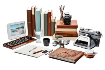 The Creative Oasis: Laptop, Camera, Books on Desk. On a White or Clear Surface PNG Transparent Background.