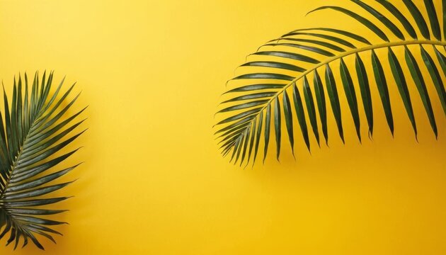 Colorful summer background with copy space. Bright yellow illustration of tropical palm branch