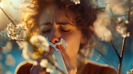 sneezing woman with hands holding a handkerchief near her nose