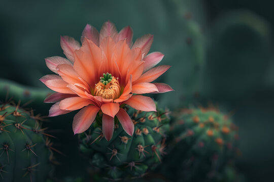 A close-up image of a blooming cactus flower, showcasing delicate pink and orange petals against the green cactus pads.