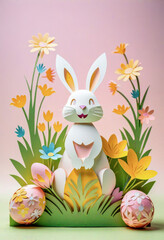 Amazing Easter bunny made of paper among flowers and Easter eggs, kirigami style