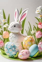 Fototapeta na wymiar Amazing Easter bunny made of paper among flowers and Easter eggs, kirigami style