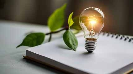 light bulb on notebook with green leaf background, idea and inspiration concept. AI. - obrazy, fototapety, plakaty