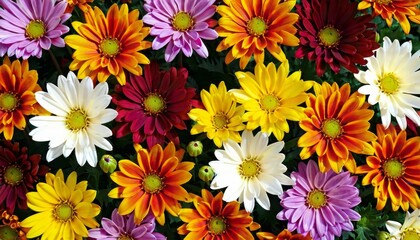 Flowers wall background with amazing red, orange, pink, purple, green and white chrysanthemum flowers background