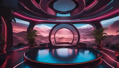 Foto op Plexiglas A futuristic circular lounge with neon lighting features panoramic views of a mountainous landscape, blending modern design with natural beauty. © video rost