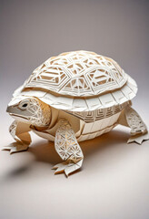 Amazing beautiful turtle cut out of paper, simple background, kirigami style