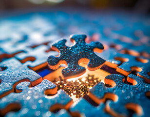 A close-up view of a single interlocking puzzle piece in focus, showcasing intricate details and texture. The piece is part of a larger jigsaw puzzle, with visible clues of image, color, and pattern. - 768662314