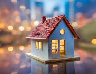 Miniature house is a symbol of mortgage and home ownership on blurred background. - 768662317