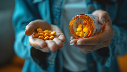 Medication Management: Young Woman Pouring Pills from Bottle into Hand, Healthcare Concept