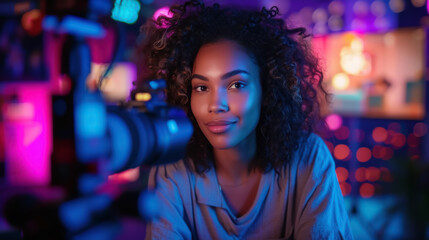 A poised young woman in a cozy sweater engaging with a camera during a vlog session - obrazy, fototapety, plakaty