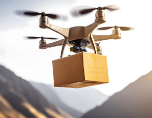 Drone flies and carries a cardboard box. Transportation of cargo ships of the future. City parcel delivery. - 768662522